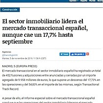 El sector inmobiliario lidera el mercado transaccional espaol, aunque cae un 17,7% hasta septiembre